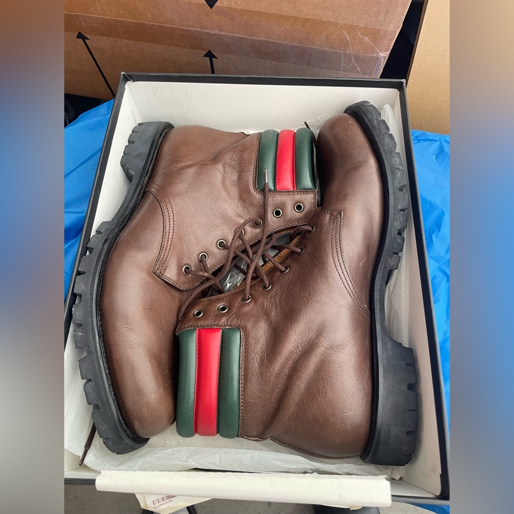 Gucci Brown Leather Boots with Red and Green Accents Mens Size 14
